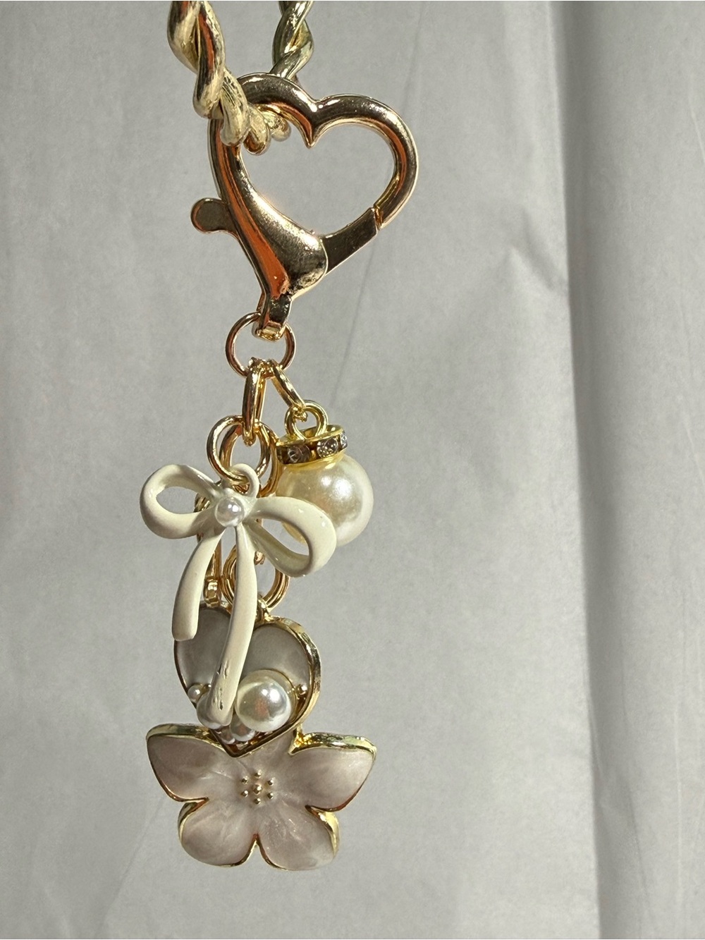 Gold Heart Clip Charm Keychain with White Pearl, Bow, Butterfly, Heart & Flower